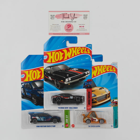 '70 Dodge Hemi Challenger, Ford Mustang Mach-E 1400 & '94 Toyota Supra by Mattel – Hot Wheels Bundle