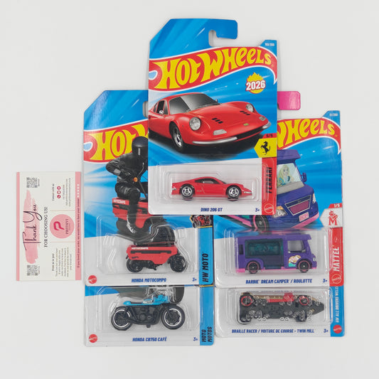 Dino 206 GT, Honda Motocompo, Honda CB750 Café, Barbie Dream Camper / Roulotte & Braille Racer / Voiture de Course /  Twin Mill by Mattel – Hot Wheels Bundle - Prithvi Enterprises