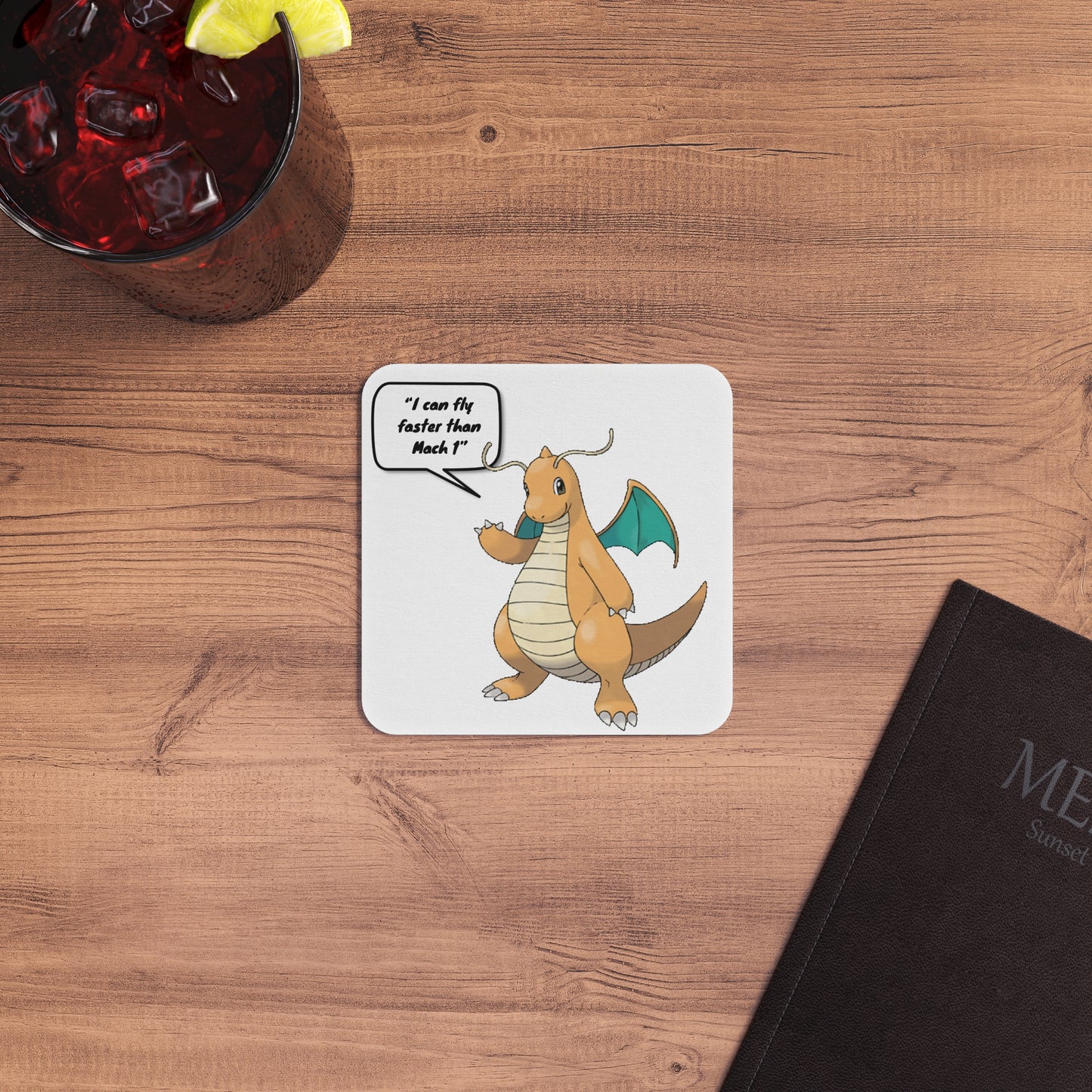 Pokémon "I can fly faster than Mach 1" Dragonite: Printed Square Coaster Set (Set of 2)