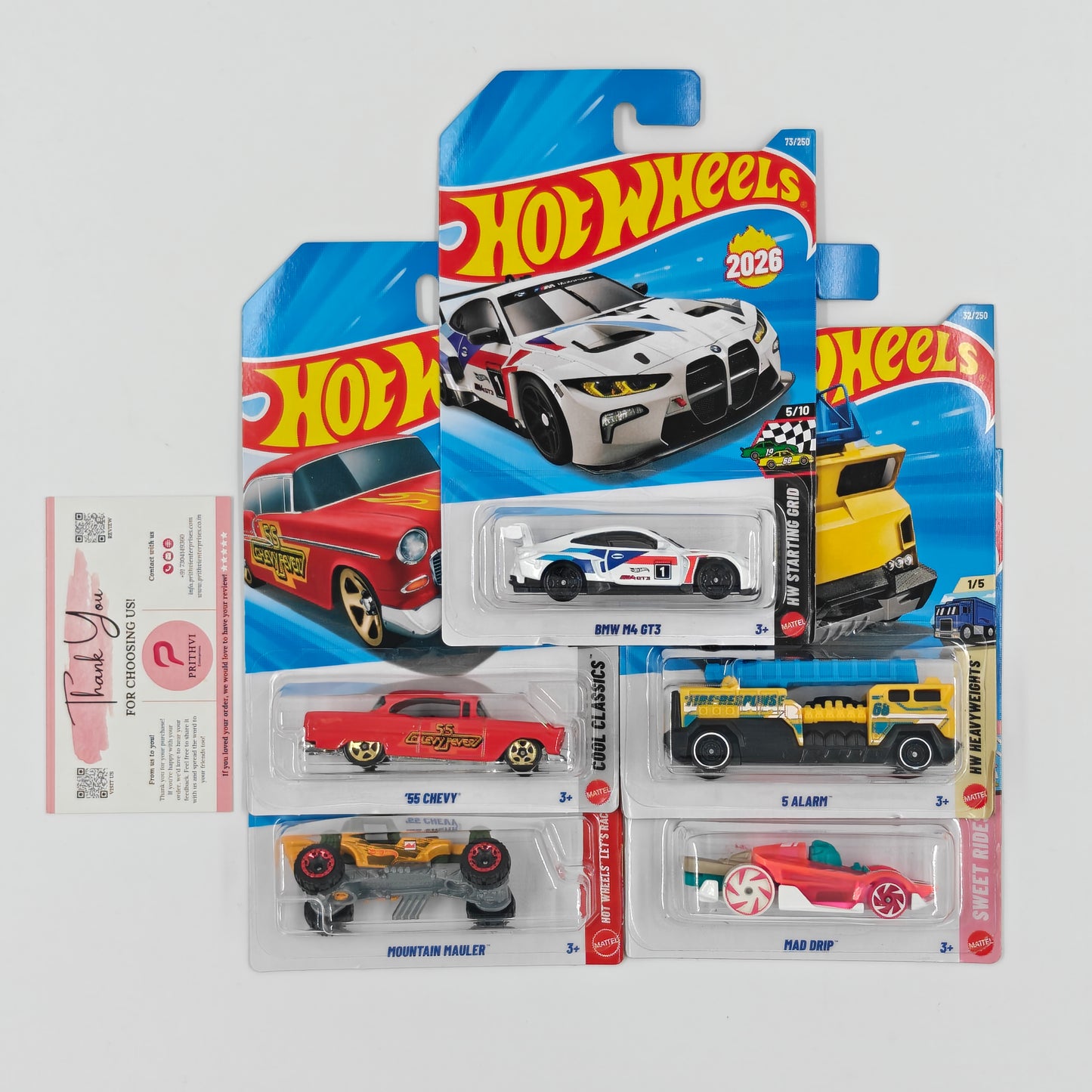 BMW M4 GT3, '55 Chevy, 5 Alarm, Mountain Mauler & Mad Drip by Mattel – Hot Wheels 5-Car Bundle