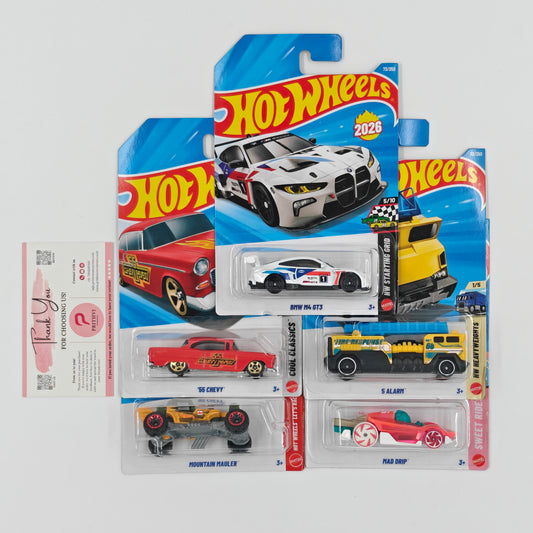 BMW M4 GT3, '55 Chevy, 5 Alarm, Mountain Mauler & Mad Drip by Mattel – Hot Wheels 5-Car Bundle - Prithvi Enterprises
