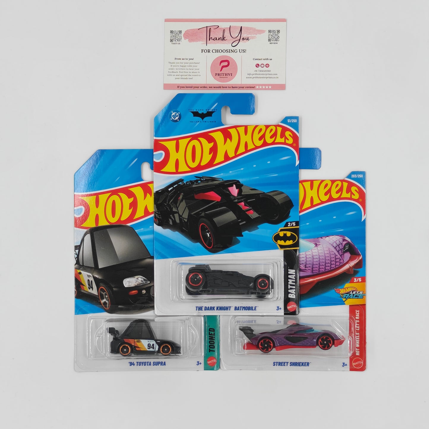 The Dark Knight Batmobile, '94 Toyota Supra & Street Shrieker by Mattel – Hot Wheels Bundle