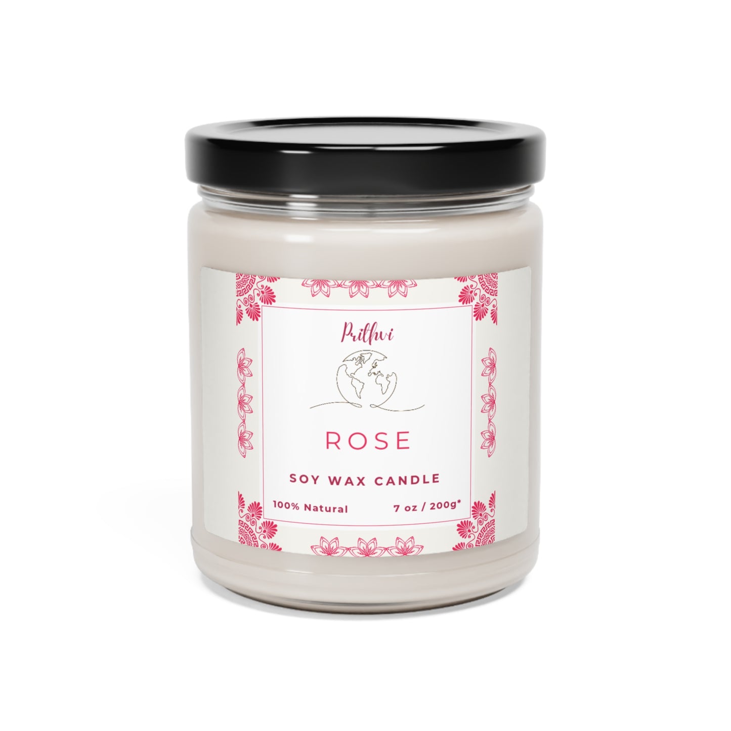 Prithvi Handmade Soy Wax Candle with "Rose" Fragrance (200g/7oz, 40 Hours Burn Time)