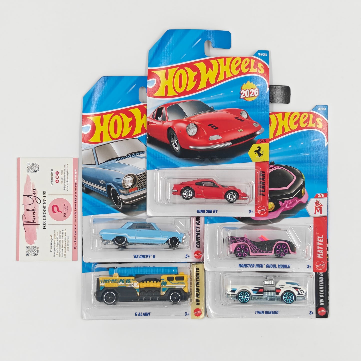 Dino 206 GT, '63 Chevy II, Monster High Ghoul Mobile, 5 Alarm & Twin Dorado by Mattel – Hot Wheels Bundle
