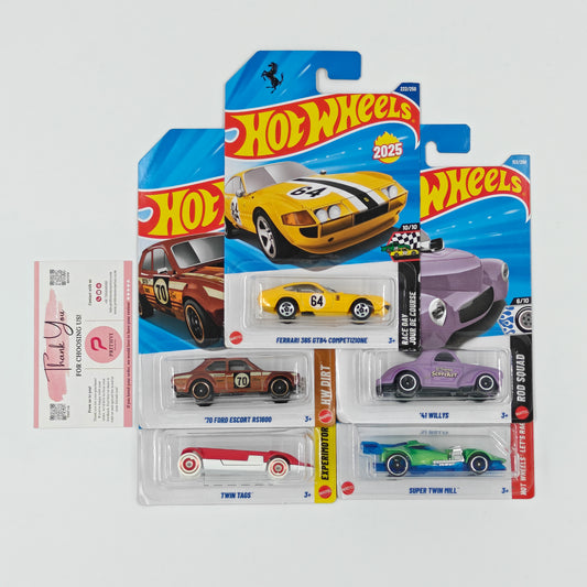 Ferrari 365 GTB4, '70 Ford Escort RS1600, Twin Tags, '41 Willys & Super Twin Mill by Mattel - Hot Wheels 5-Car Bundle