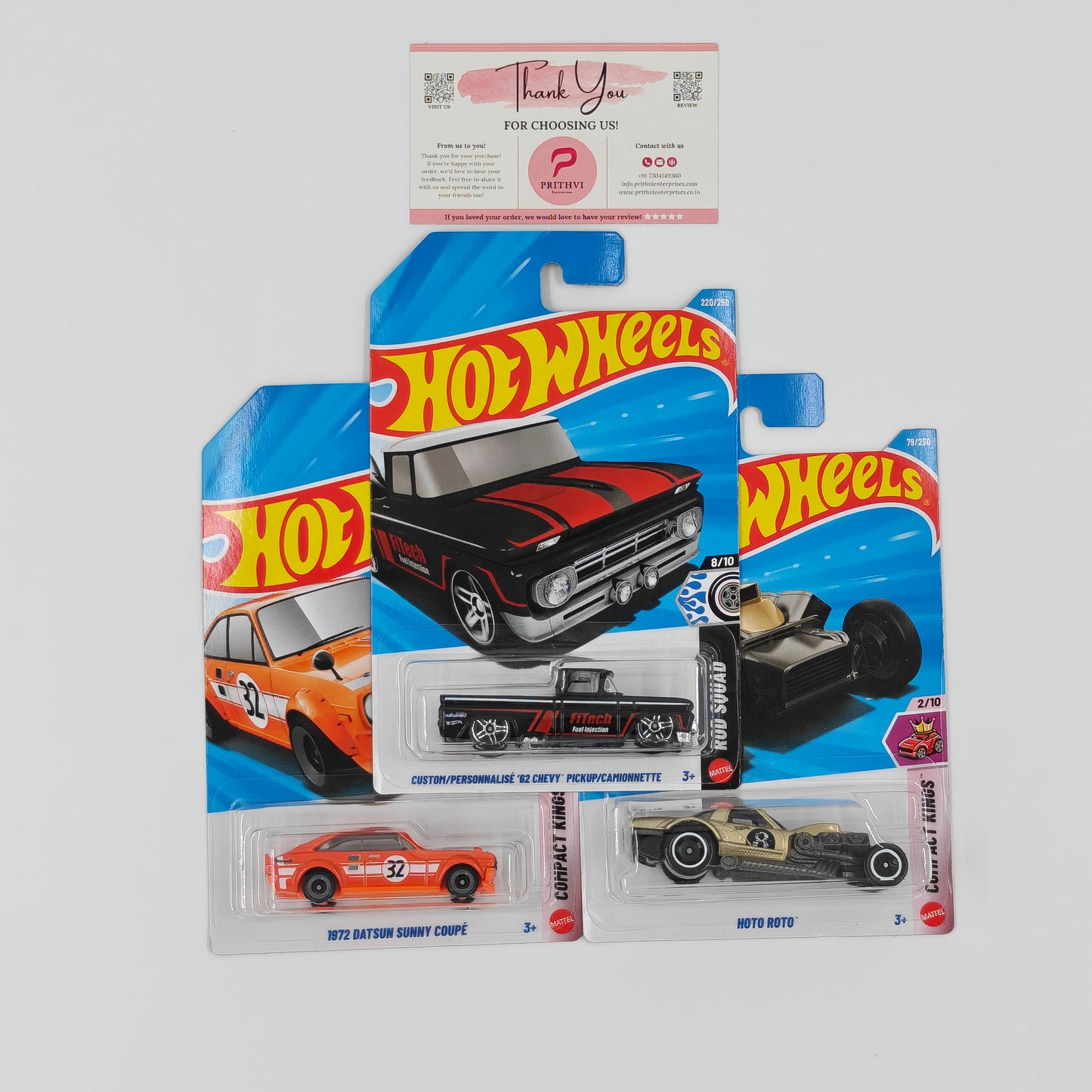 Custom / Personnalisé '62 Chevy Pickup, 1972 Datsun Sunny Coupé & Hoto Roto by Mattel – Hot Wheels Bundle