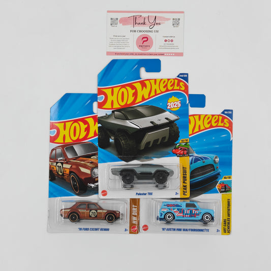 Hot Wheels Bundle – '70 Ford Escort RS1600, Polestar TRX & '67 Austin Mini Van by Mattel
