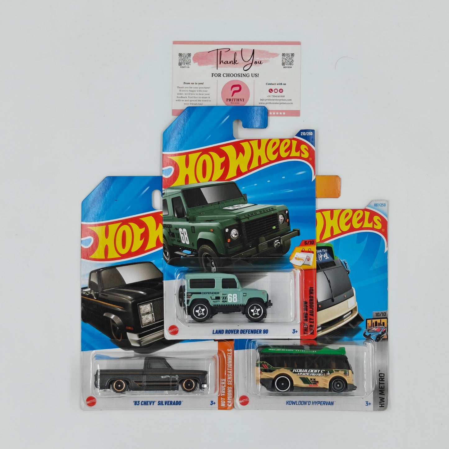 Land Rover Defender 90, '83 Chevy Silverado & Kowloon'd Hypervan by Mattel – Hot Wheels Bundle
