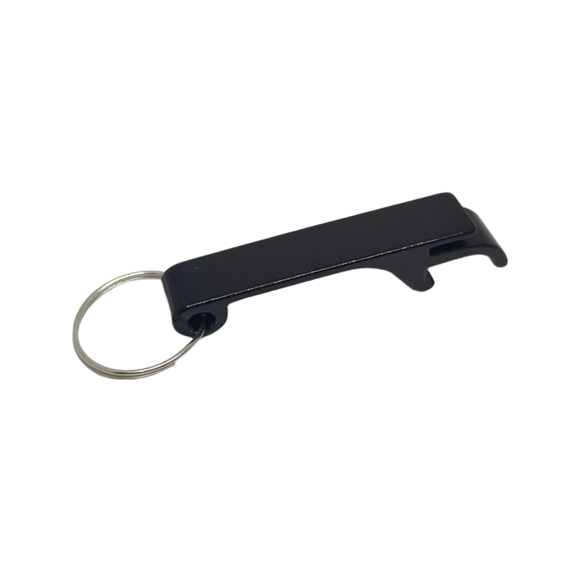 Black bottle opener with a key ring on a white background