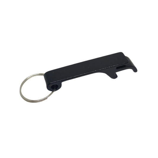 Black bottle opener with a key ring on a white background