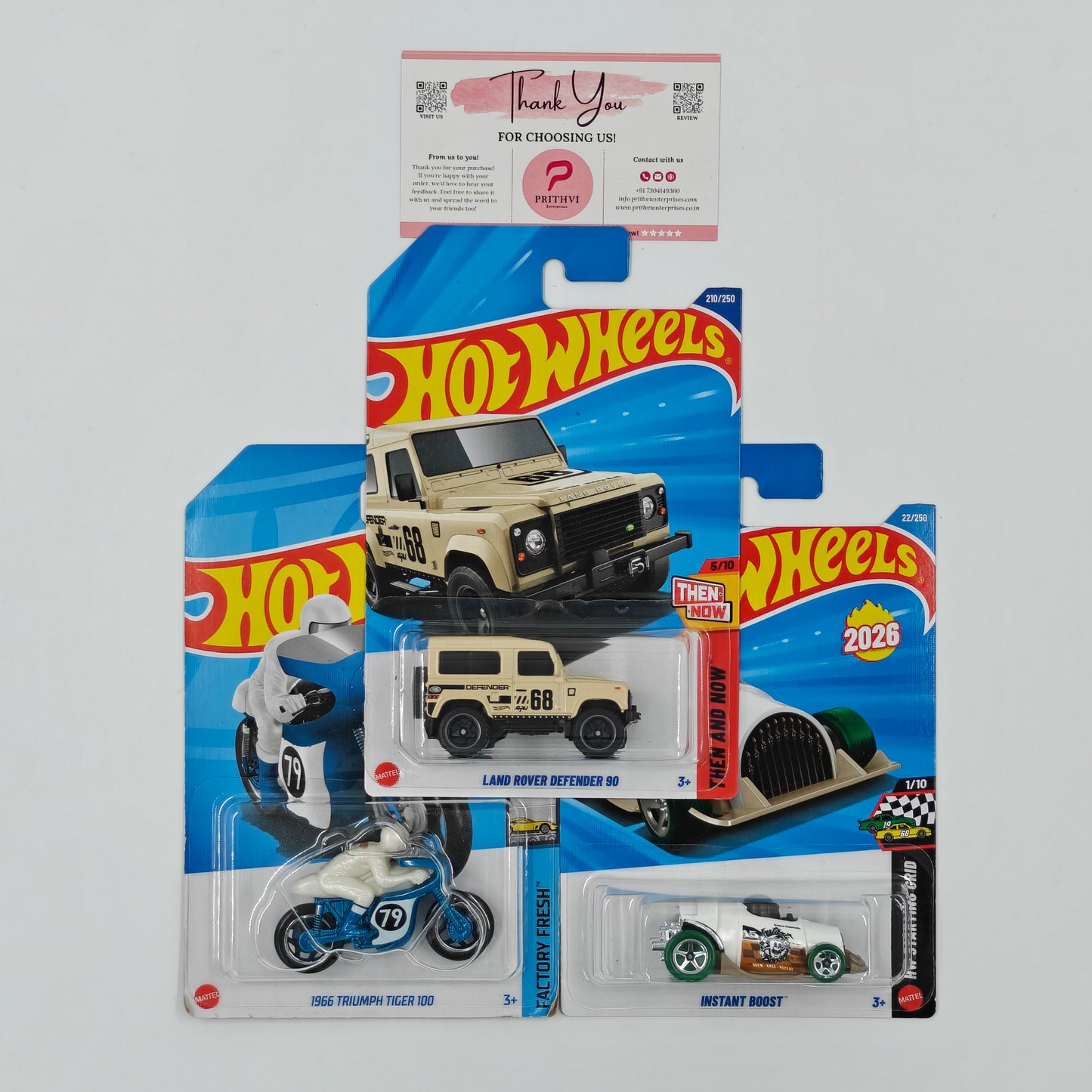 Land Rover Defender 90, 1966 Triumph Tiger 100 & Instant Boost by Mattel – Hot Wheels Bundle