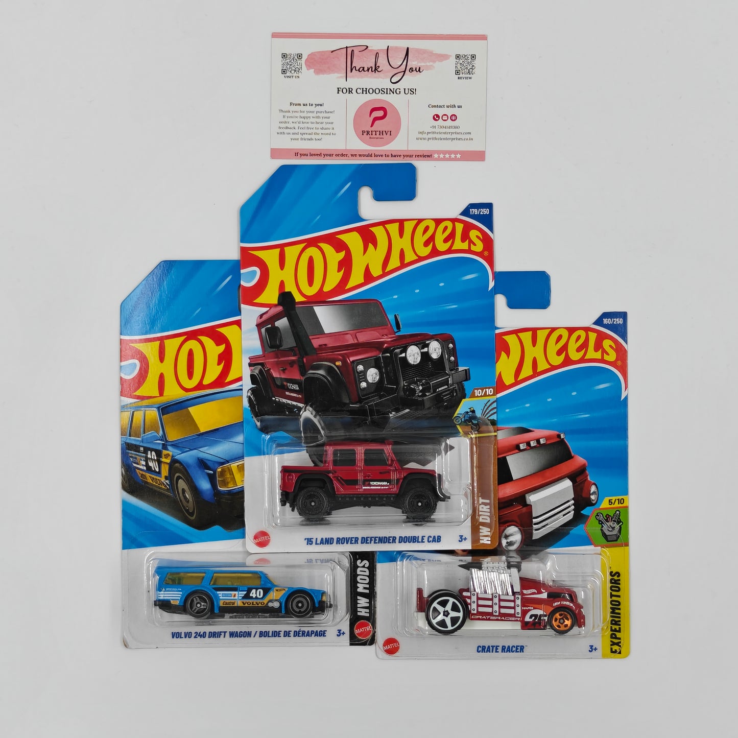 '15 Land Rover Defender Double Cab, Volvo 240 Drift Wagon & Crate Racer by Mattel – Hot Wheels Bundle