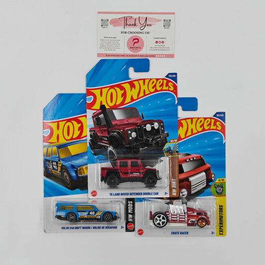 '15 Land Rover Defender Double Cab, Volvo 240 Drift Wagon & Crate Racer by Mattel – Hot Wheels Bundle