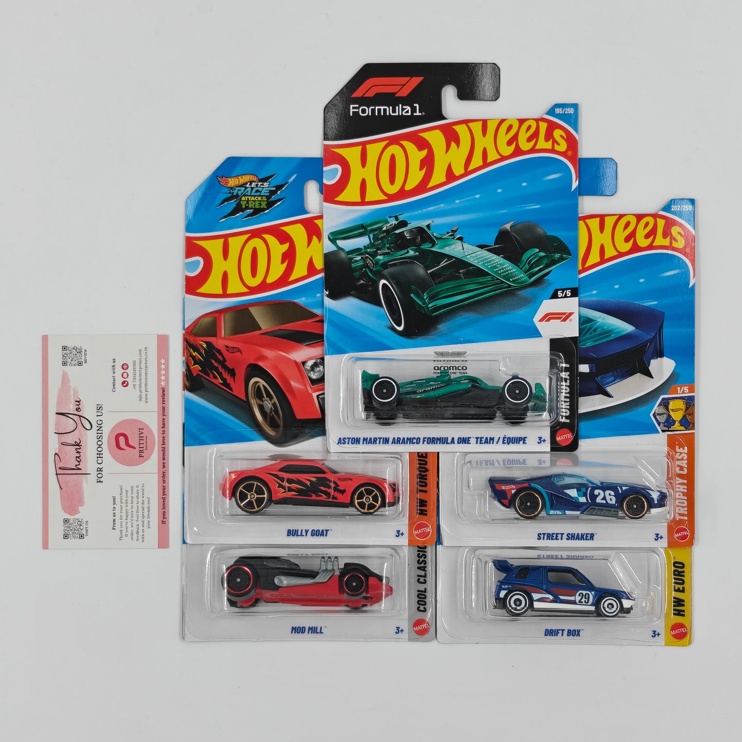 Aston Martin Aramco F1 Team, Bully Goat, Street Shaker, Mod Mill & Drift Box by Mattel – Hot Wheels 5-Car Bundle - Prithvi Enterprises
