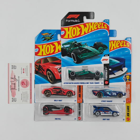 Aston Martin Aramco F1 Team, Bully Goat, Street Shaker, Mod Mill & Drift Box by Mattel – Hot Wheels 5-Car Bundle - Prithvi Enterprises