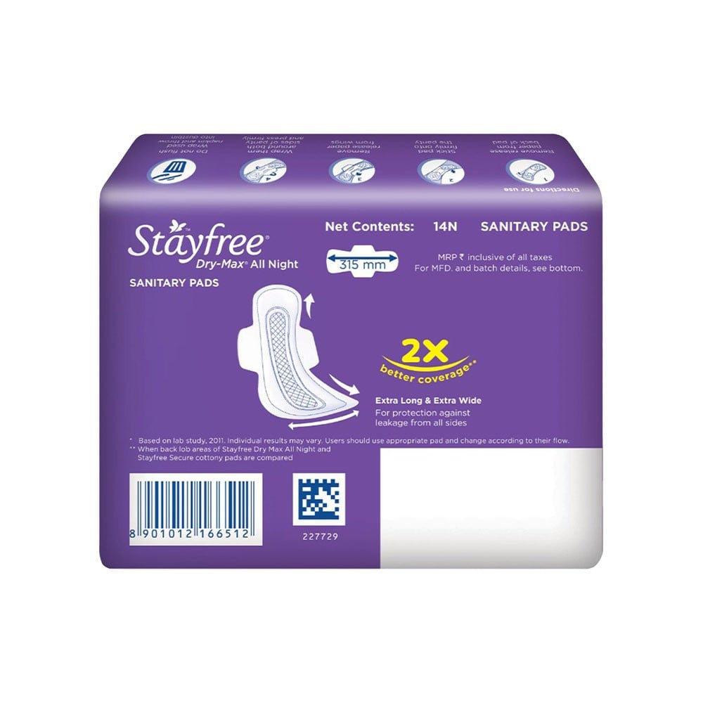 Stayfree Dry Max All Night Sanitary Pads (Extra Large Wings) : 14 units