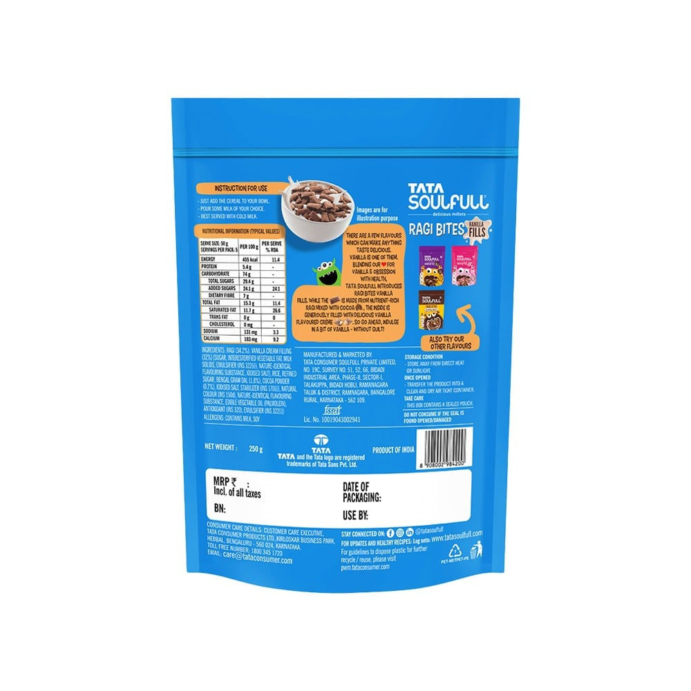 Tata Soulfull Ragi Bites Vanilla Fills, No Maida, Breakfast Cereal : 250 g