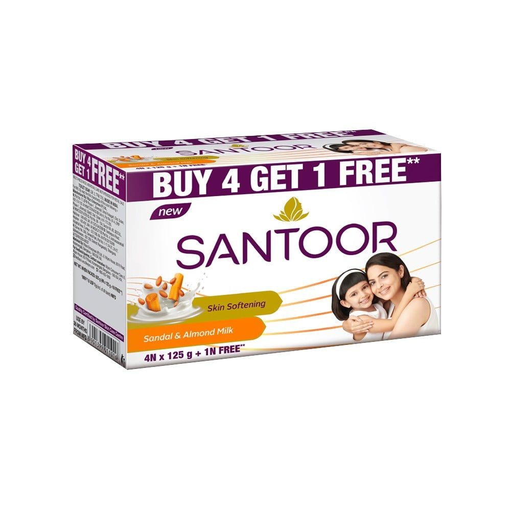 Santoor Skin Softening Sandal & Almond Milk Soap - Buy 4 Get 1 Free : 4 x 125 g + 125 g