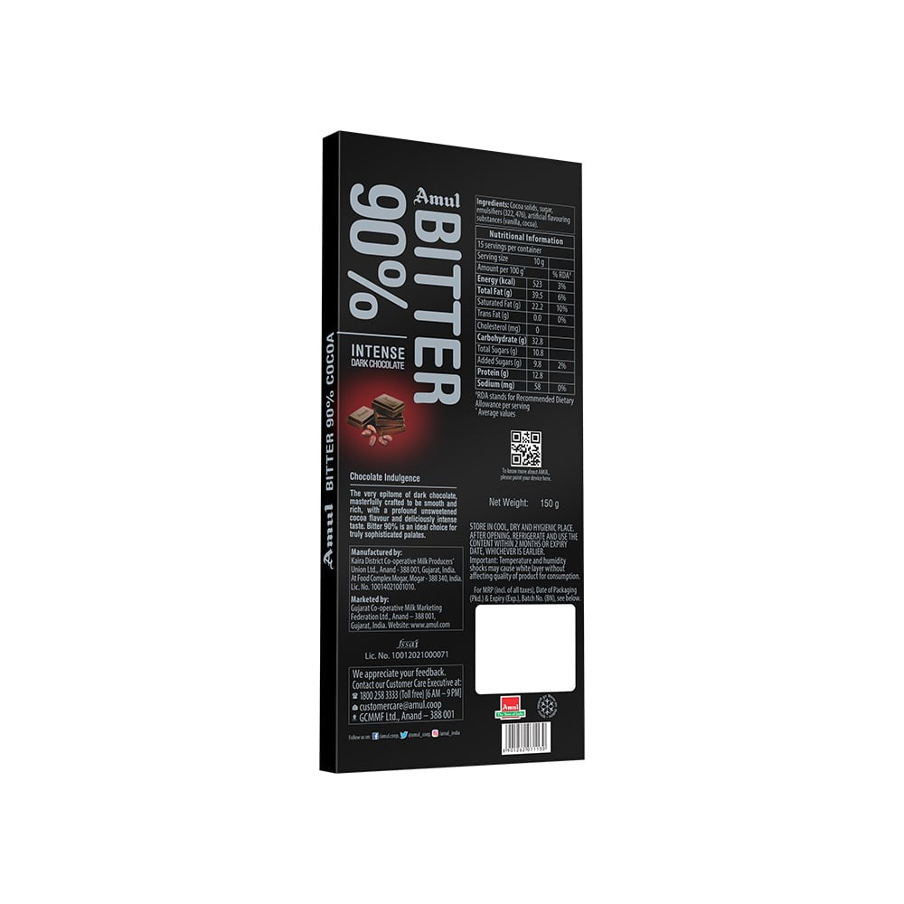 Amul 90% Bitter Dark Chocolate Bar : 150 g