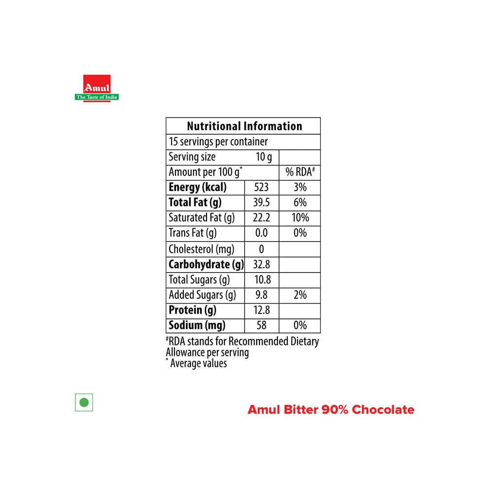 Amul 90% Bitter Dark Chocolate Bar : 150 g