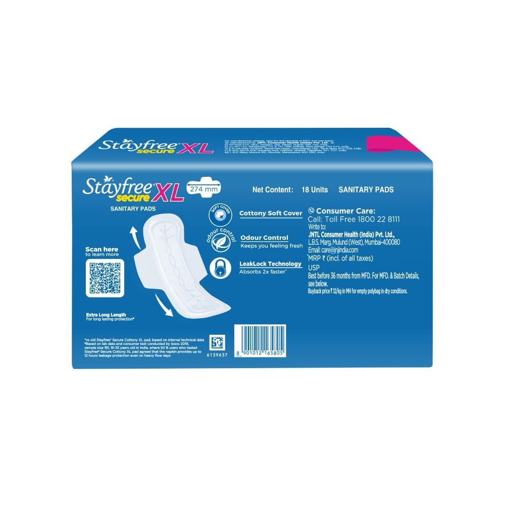 Stayfree Secure Cottony Soft Sanitary Pads (Extra Large Wings) - Pack of 2 : 2 x 1 pack (18 pieces)