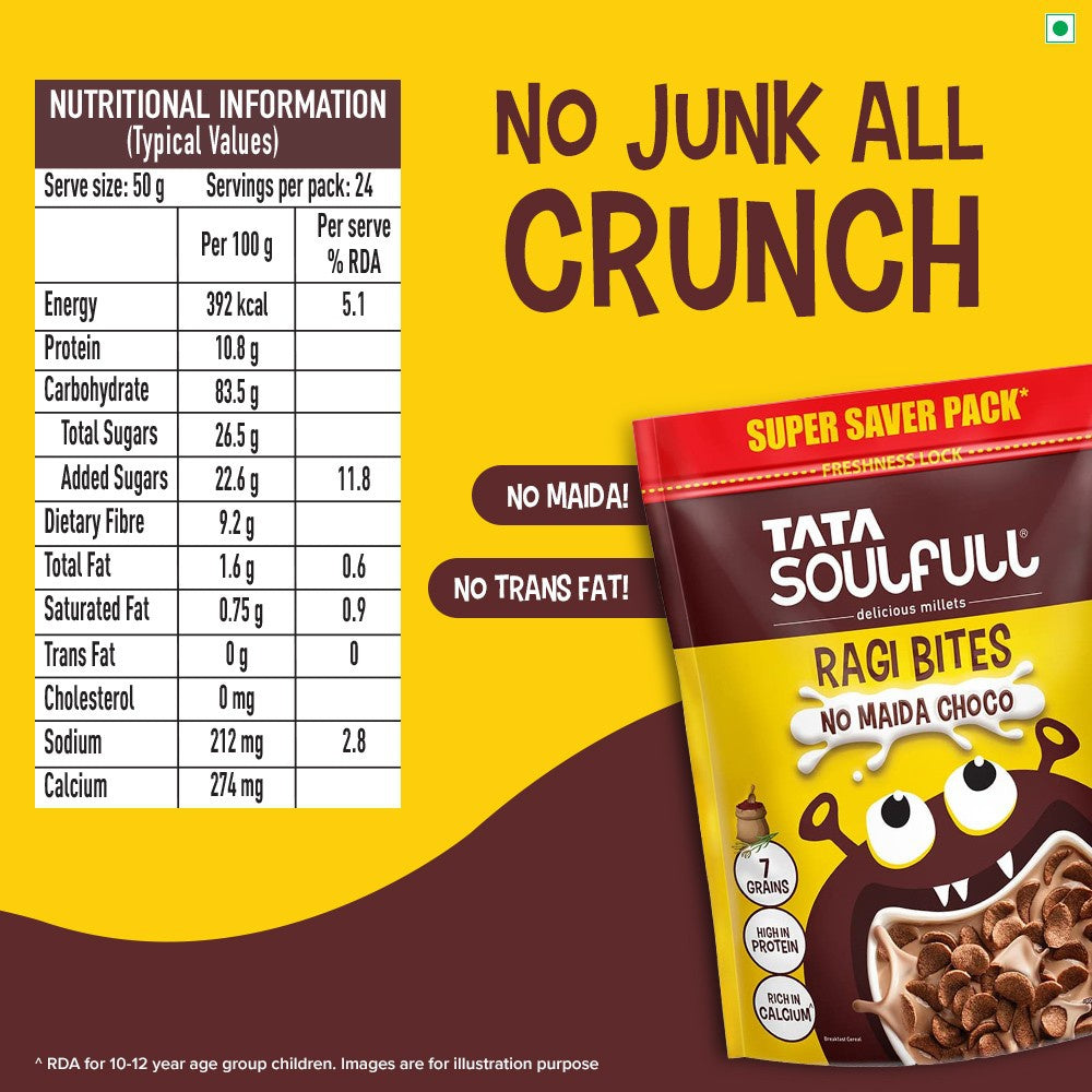 Tata Soulfull Ragi Bites Choco 7 Grains Kids Breakfast Cereal (No Maida) : 1.2 kg