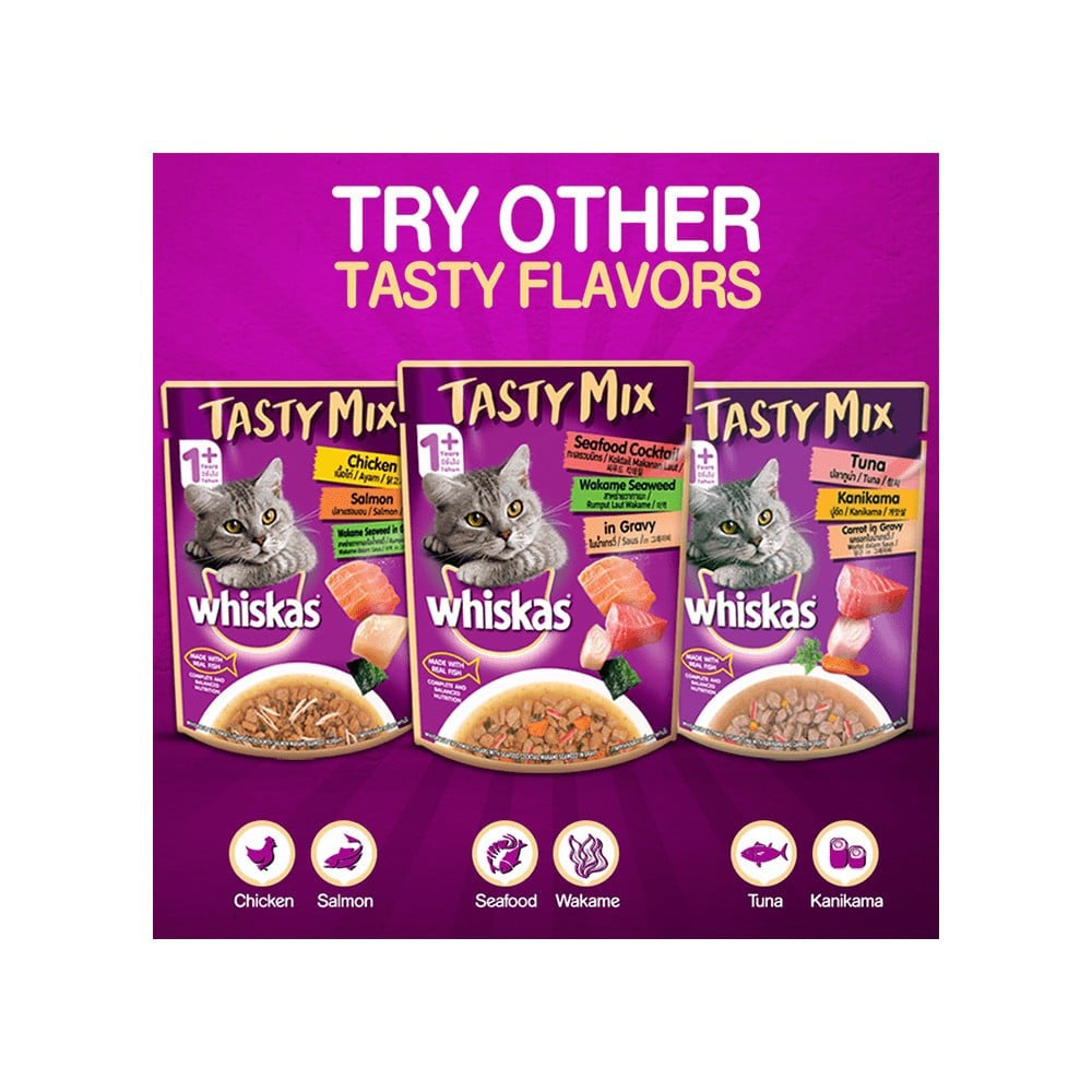 Whiskas Tasty Mix Wet Cat Food (Seafood Cocktail Wakame Seaweed in Gravy) : 70 g