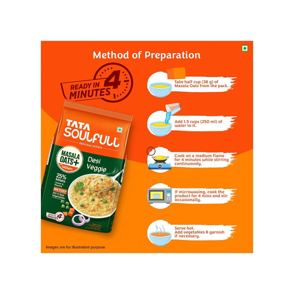 Tata Soulfull Desi Veggie Masala Oats With 25% Millets, Non Sticky : 500 g