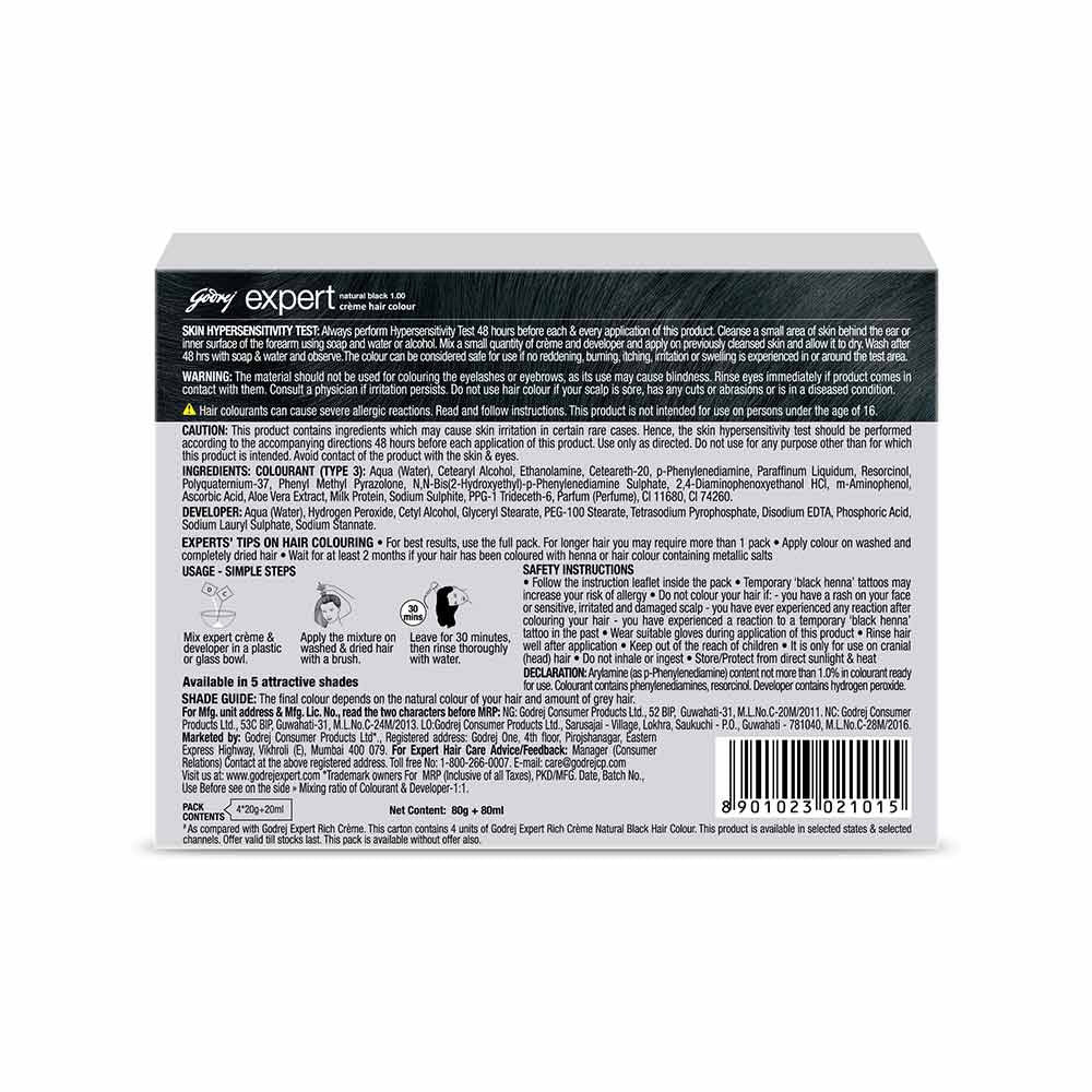Godrej Expert Rich Hair Colour for Women & Men (Natural Black) - Pack of 2 : 2 x 1 pack (80 g + 80 ml)
