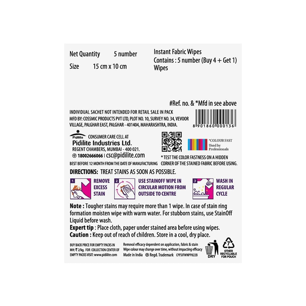 Pidilite Stainoff Instant Stain Remover Fabric Wipes : 5 pcs