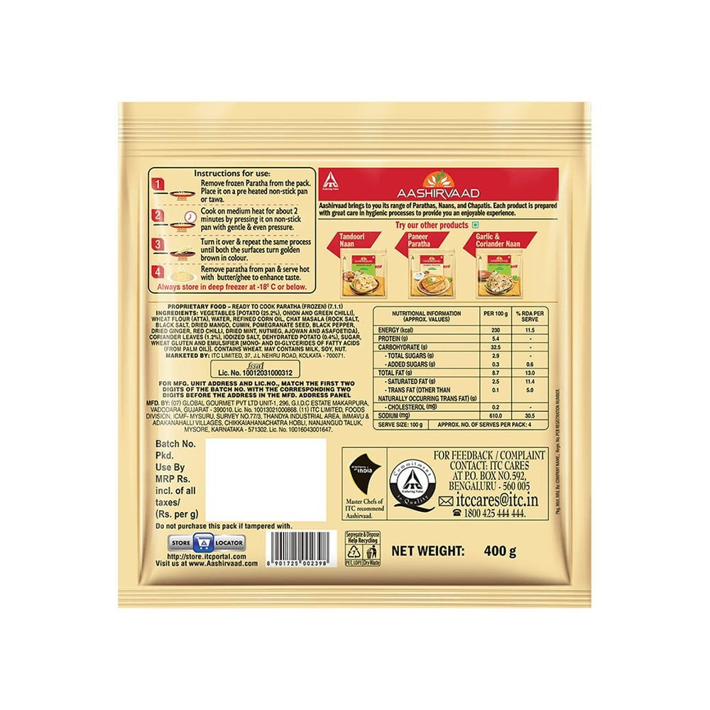 Aashirvaad Aloo Paratha (Heat & Eat) : 400 g (4 pieces)