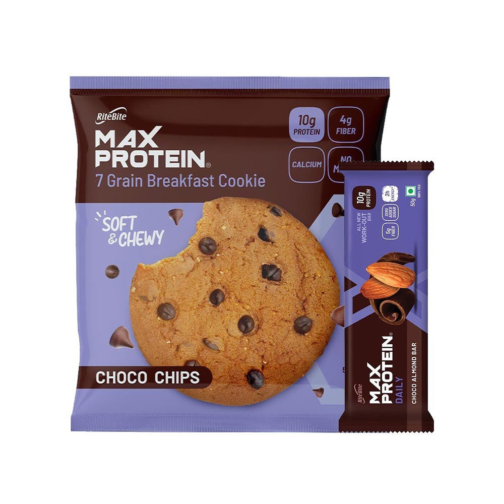 RiteBite Max Protein Daily Choco Almond Protein Bar + RiteBite Max Protein Choco Chips Cookies Combo : 55 g + 50 g
