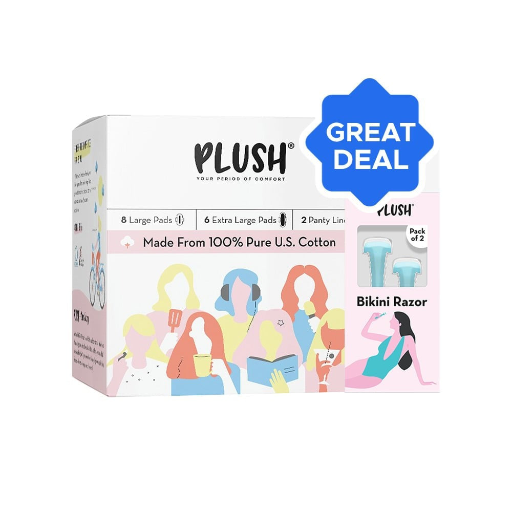 Plush Bikini Razor + Plush Rash Free Sanitary Pads (8L+6XL and 2 Free Liners) Combo : 14 pieces + 1 pack (2 pieces)