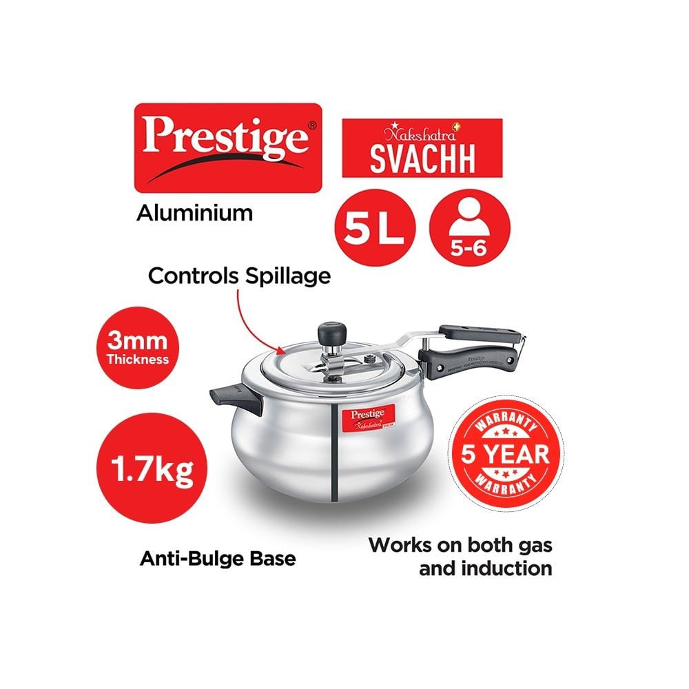 Prestige NakshatraPlus Svachh Spillage Control Handi Pressure Cooker (Aluminium, 5 ltrs, Silver) : 1 unit