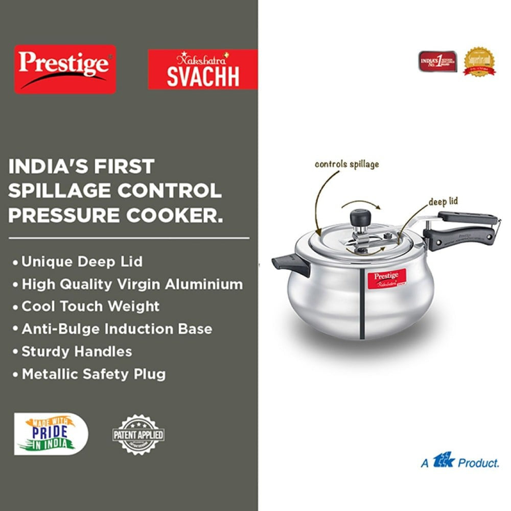 Prestige NakshatraPlus Svachh Spillage Control Handi Pressure Cooker (Aluminium, 5 ltrs, Silver) : 1 unit