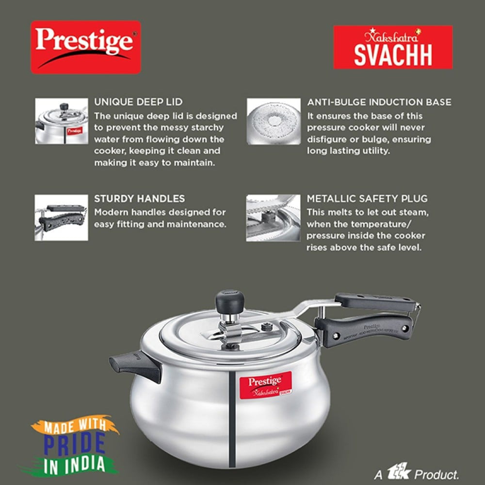 Prestige NakshatraPlus Svachh Spillage Control Handi Pressure Cooker (Aluminium, 5 ltrs, Silver) : 1 unit