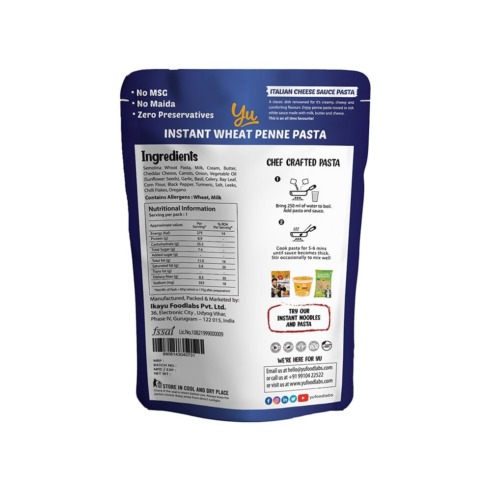 Yu Cheese Sauce Instant Wheat Pasta (Penne) - Pack of 2 : 2 x 65 g