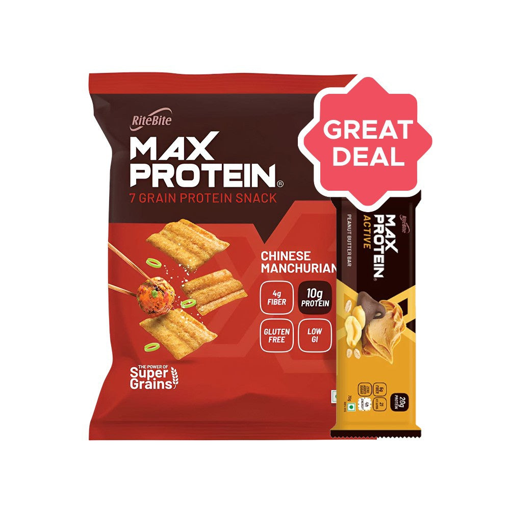 RiteBite Max Protein Bar (Peanut Butter) + Max Protein Chinese Manchurian Chips Combo : 70 g + 60 g