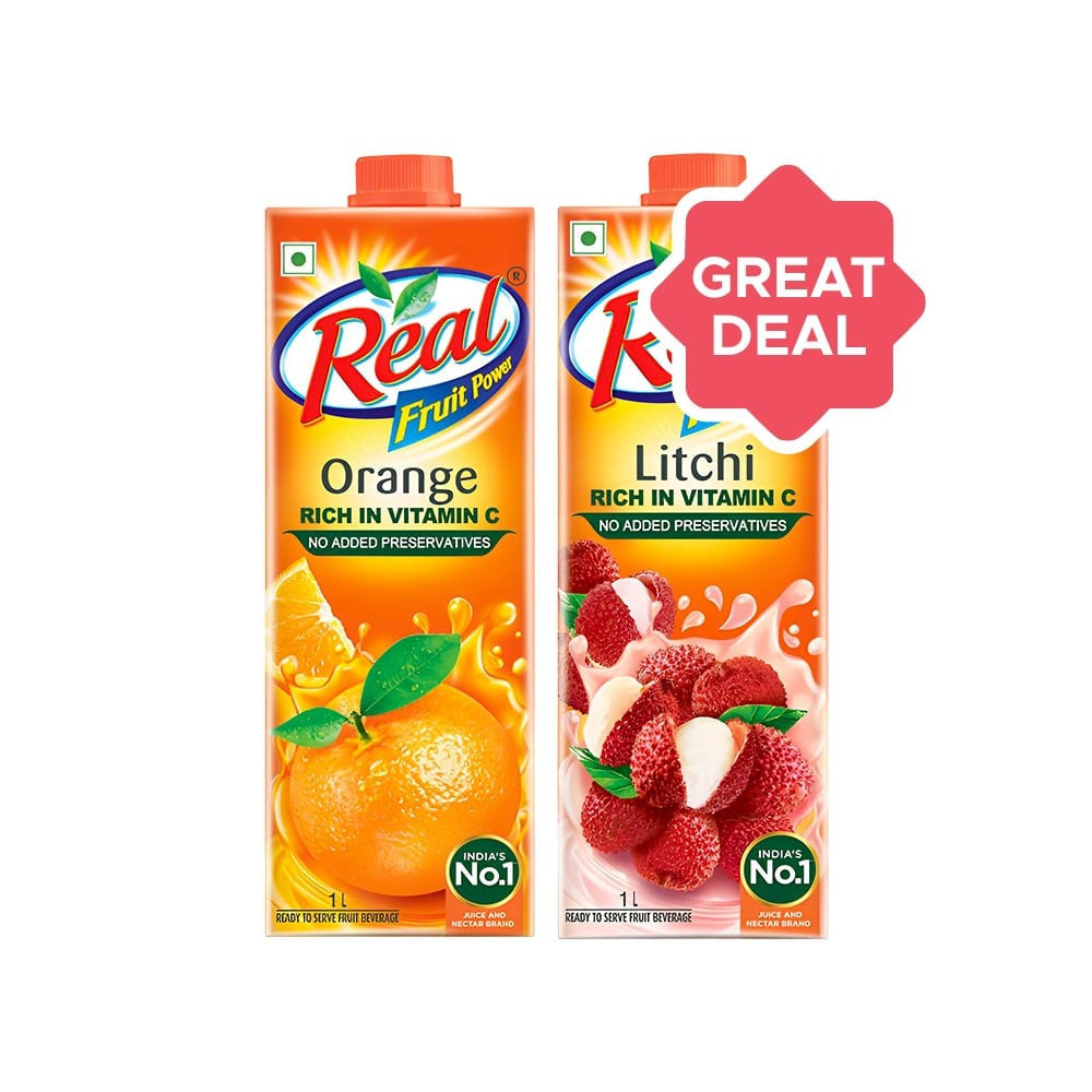 Real Fruit Power Orange Juice + Fruit Power Litchi Juice Combo : 1 ltr + 1 ltr