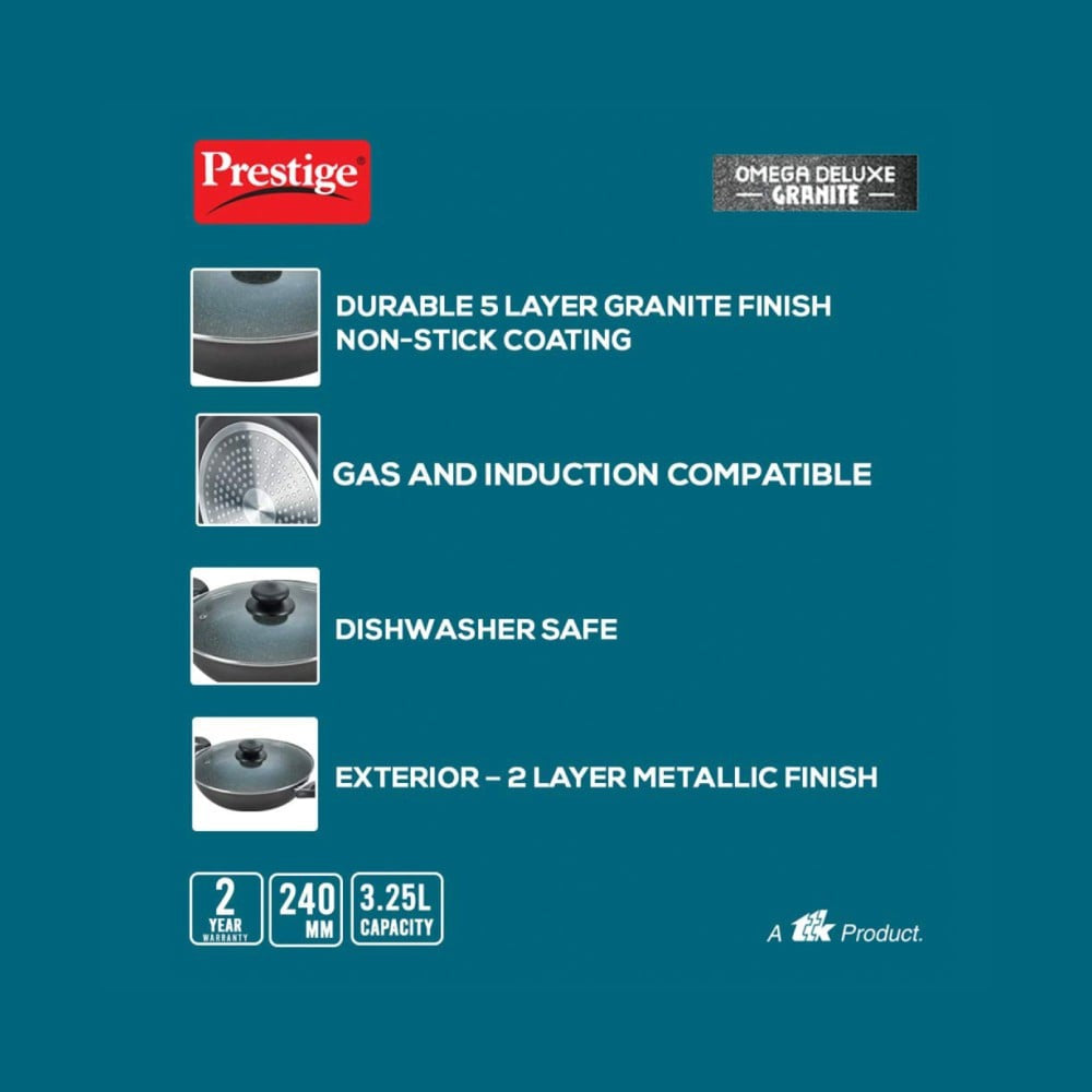 Prestige Omega Deluxe 36310 with Glass Lid Omega Deluxe Granite Non-stick Kadai, 24 cm (Non-Stick Aluminium, 2.3 ltrs, Black) : 1 unit