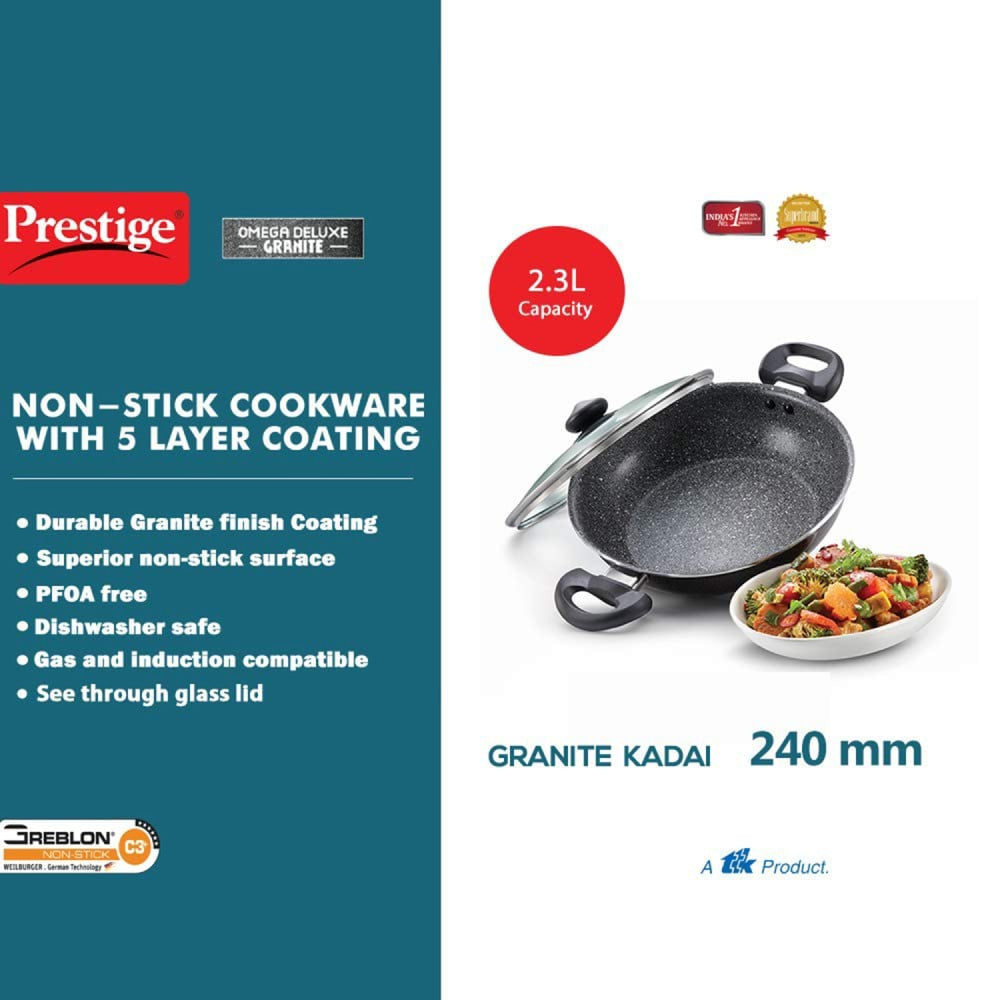Prestige Omega Deluxe 36310 with Glass Lid Omega Deluxe Granite Non-stick Kadai, 24 cm (Non-Stick Aluminium, 2.3 ltrs, Black) : 1 unit