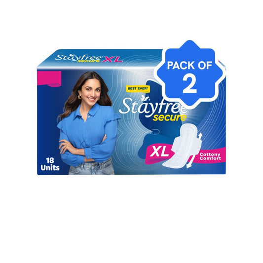 Stayfree Secure Cottony Soft Sanitary Pads (Extra Large Wings) - Pack of 2 : 2 x 1 pack (18 pieces)