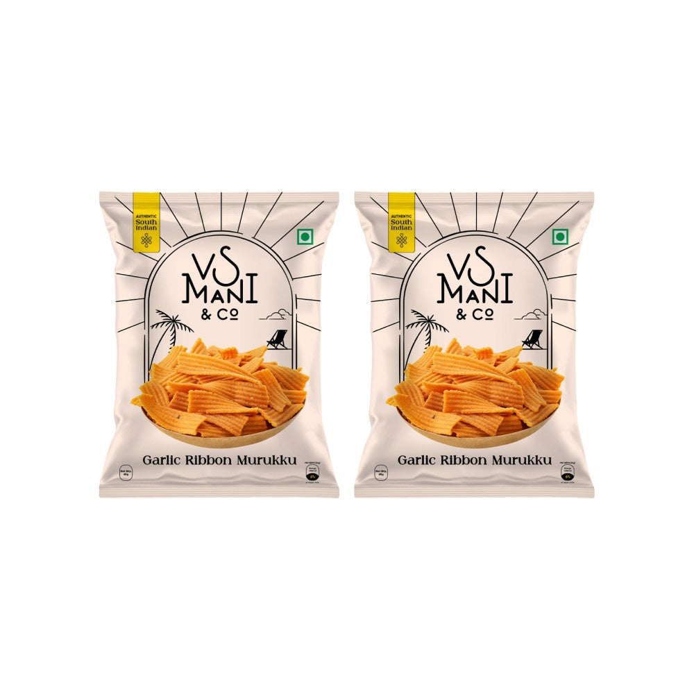 VS Mani & Co. Garlic Ribbon Murukku, No Palm Oil - Pack of 2 : 2 x 65 g