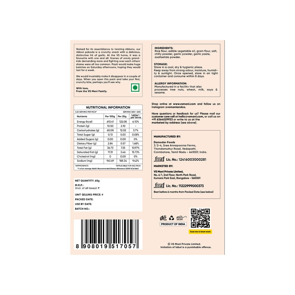 VS Mani & Co. Garlic Ribbon Murukku, No Palm Oil - Pack of 4 : 4 x 65 g