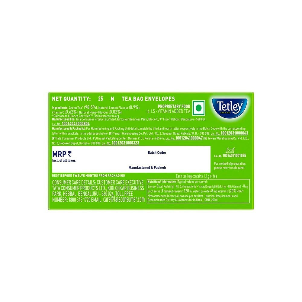 Tetley Lemon & Honey Green Tea Bags : 25 pieces
