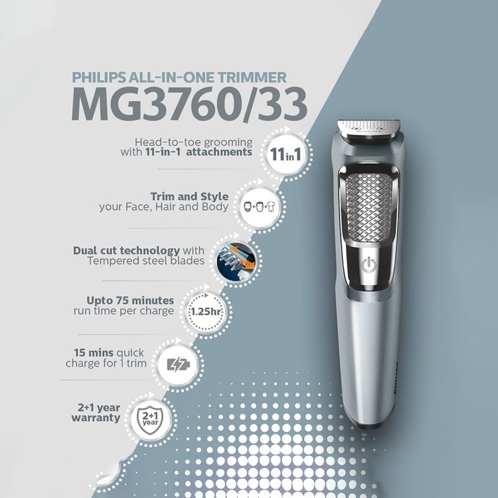 Philips MG3760/33 11 in 1 Multi Grooming Trimmer MG3760/33 (Silver) : 1 unit