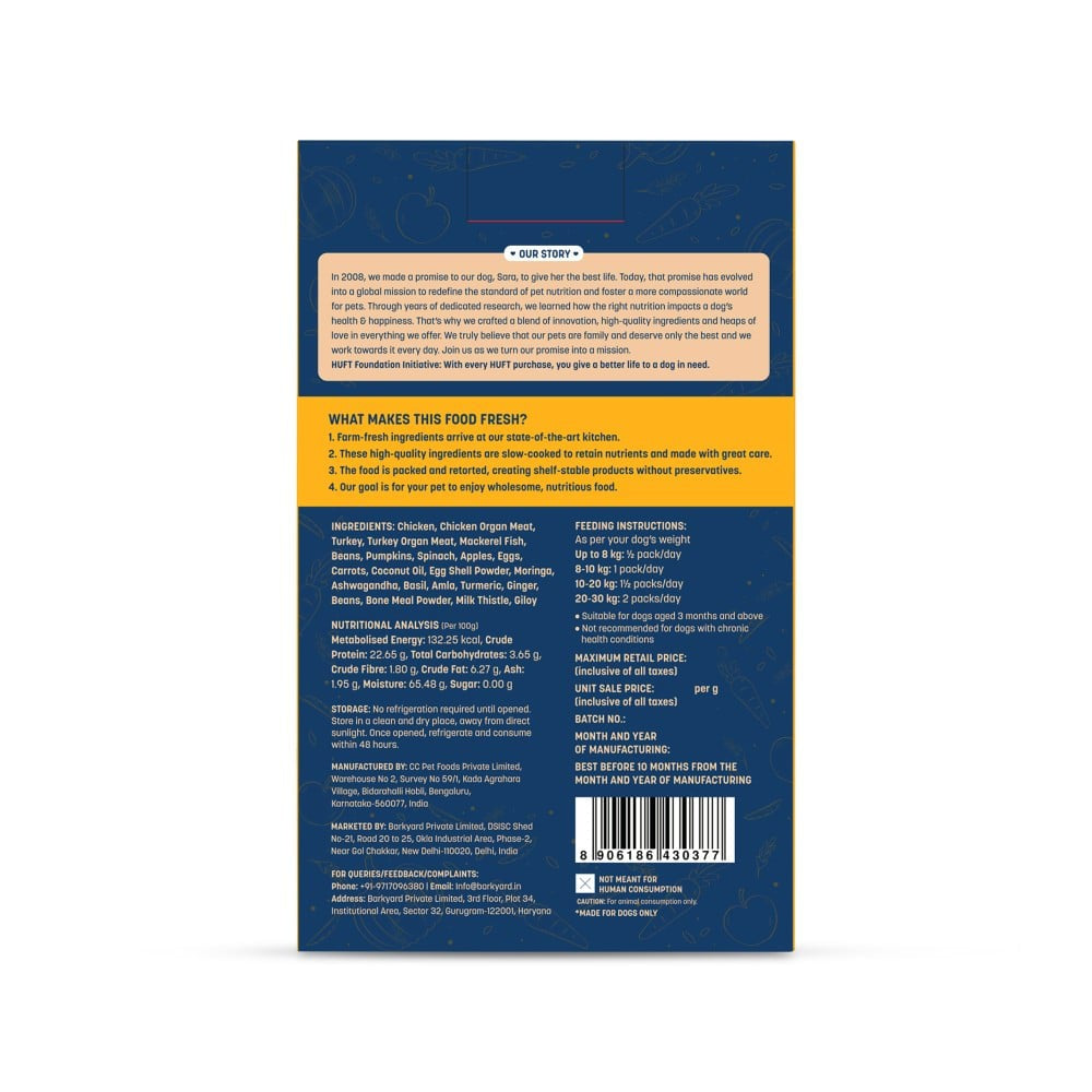 HUFT Sara's Wholesome Grain-Free Chicken & Turkey Dog Food - Pack of 3 : 3 x 100 g