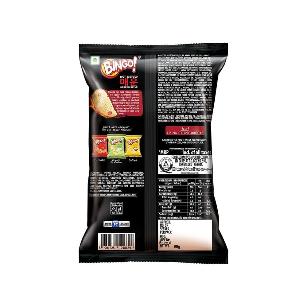 Bingo Hot & Spicy Korean Style Potato Chips : 85 g