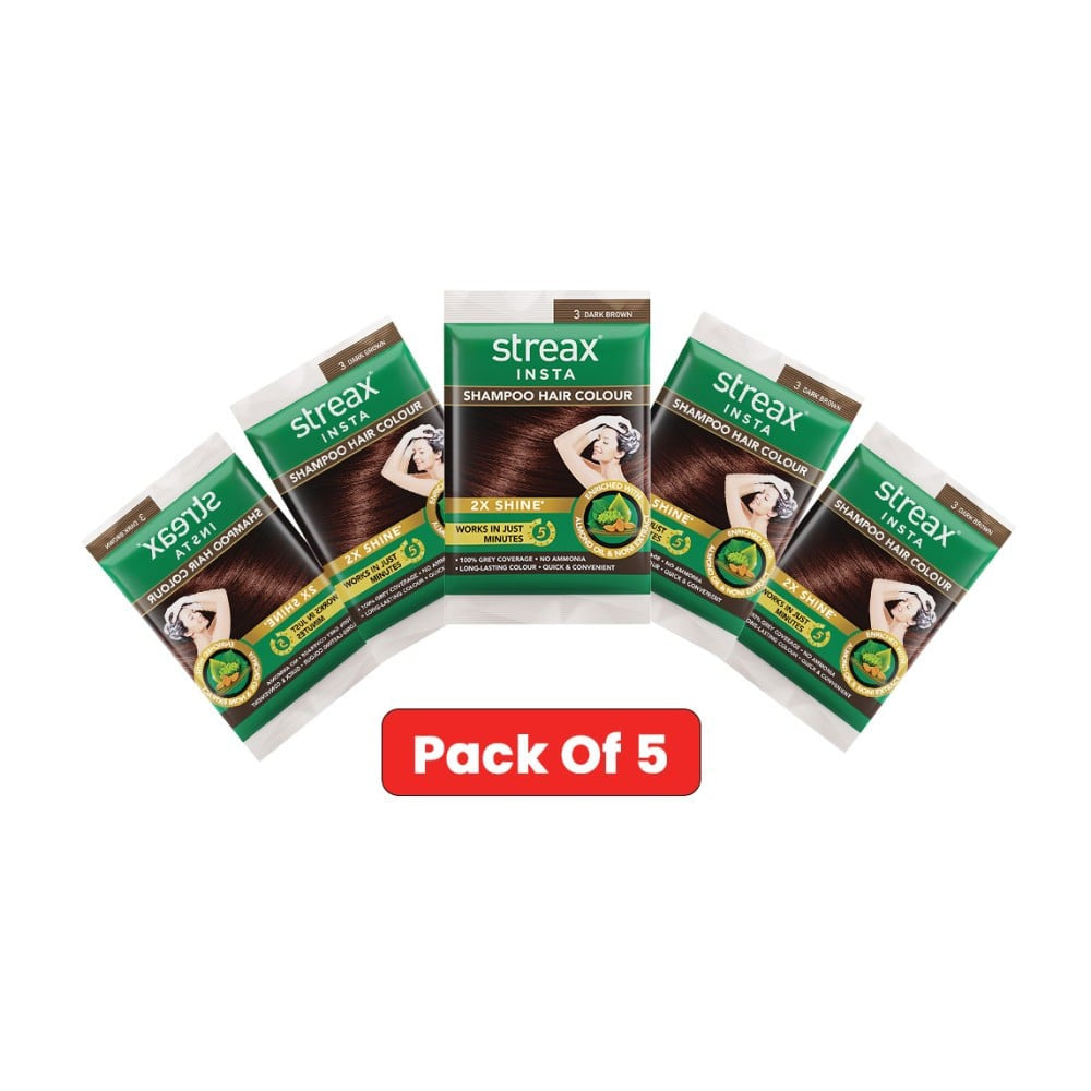 Streax Insta Shampoo Hair Colour (3 Dark Brown) : 1 pack (5 pieces)