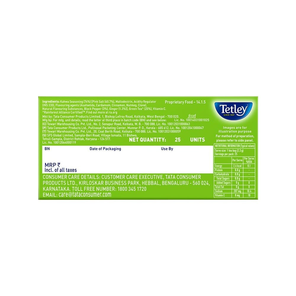 Tetley Kahwa Green Tea Bags : 1 pack (25 units)